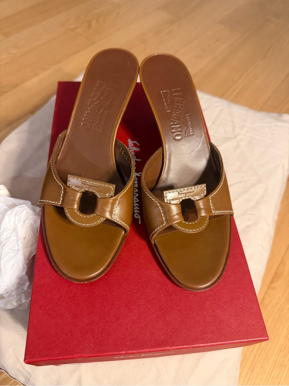 Salvatore Ferragamo Tan Brown Leather Slide Mules with Gold Buckle - Picture 2 of 4